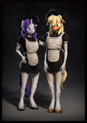 Size: 4000x5656 | Tagged: safe, artist:imafutureguitarhero, part of a set, applejack, rarity, classical unicorn, earth pony, unicorn, anthro, unguligrade anthro, g4, 3d, :i, apron, arm freckles, blushing, border, bunny ears, bunny tail, cheek fluff, chin fluff, clothes, cloven hooves, colored eyebrows, colored eyelashes, cute, duo, ear blush, ear fluff, embarrassed, evening gloves, eyebrows, eyeshadow, female, film grain, floppy ears, fluffy, fluffy hair, fluffy mane, fluffy tail, freckles, french maid, fur, gloves, hand freckles, hand on hip, hand on shoulder, hatless, hoof fluff, horn, leg freckles, leonine tail, long gloves, looking at someone, looking down, maid, maidity, maidjack, makeup, mare, matching outfits, missing accessory, nose wrinkle, one ear down, paintover, ponytail, raised eyebrow, revamped anthros, revamped ponies, see-through, shadow, ship:rarijack, shipping, smiling, smiling at someone, socks, source filmmaker, stockings, tail, tail fluff, thigh highs, unshorn fetlocks, vertical, wall of tags
