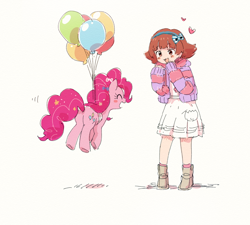 Size: 1000x900 | Tagged: safe, artist:fuyugi, pinkie pie, earth pony, human, pony, g4, akane nonohara, balloon, blush sticker, blushing, bow, crossover, duo, female, floating, floating heart, hair bow, heart, idolmaster, simple background, the idolm@ster million live!, the idolm@ster million live! theater days, then watch her balloons lift her up to the sky, white background