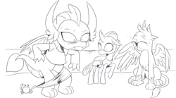 Size: 1618x902 | Tagged: safe, artist:nauyaco, gallus, ocellus, smolder, changedling, changeling, crab, dragon, griffon, g4, assisted exposure, blushing, clothes, coppertone parody, dragoness, embarrassed, female, laughing, monochrome, reacting to nudity, shirt, shorts, swimsuit, we don't normally wear clothes