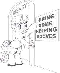 Size: 1228x1489 | Tagged: safe, artist:nauyaco, oc, pony, unicorn, dexterous hooves, female, hammer, mare, monochrome, solo