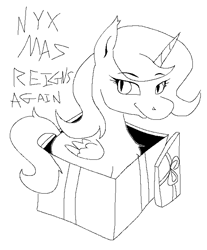 Size: 2272x2748 | Tagged: safe, artist:djsleepyhooves, oc, oc only, oc:nyx, alicorn, pony, fanfic:past sins, black and white, box, christmas, christmas gift, female, grayscale, high res, holiday, horn, monochrome, ms paint, pony in a box, present, simple background, slit pupils, solo, text, white background, wings