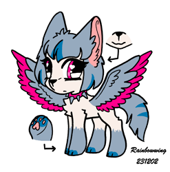 Size: 1820x1843 | Tagged: safe, artist:rainbowwing, oc, oc only, oc:shasuyo, fox, fox pony, hybrid, pegasus, pony, choker, collar, female, looking at you, paws, signature, simple background, solo, spiked choker, spread wings, white background, wings