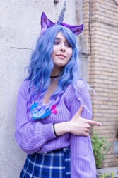 Size: 2871x4306 | Tagged: safe, artist:hysteriana, izzy moonbow, human, g5, blue mane, choker, clothes, cosplay, costume, female, high res, horn, humanized, irl, irl human, photo, school uniform, schoolgirl, skirt, solo, sweater