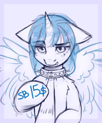 Size: 2500x3000 | Tagged: safe, artist:moewwur, artist:rin-mandarin, oc, pony, unicorn, any gender, any race, auction open, bell, bell collar, collar, commission, halfbody, high res, horn, leash, looking at you, pegasus wings, sketch, spikes, spread wings, unicorn oc, wings, your character here