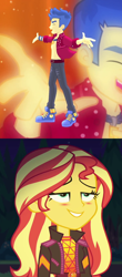Size: 948x2156 | Tagged: safe, edit, edited screencap, screencap, flash sentry, sunset shimmer, cheer you on, equestria girls, equestria girls specials, g4, my little pony equestria girls: better together, my little pony equestria girls: sunset's backstage pass, blushing, clothes, converse, cropped, female, male, open clothes, open shirt, ship:flashimmer, shipping, shoes, smiling, straight