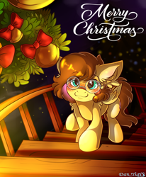 Size: 1700x2064 | Tagged: safe, artist:yuris, oc, oc only, oc:yuris, pegasus, pony, bell, blushing, christmas, commission, cute, ears back, glasses, holiday, house, indoors, looking at you, looking up, looking up at you, room, smiling, solo, staircase, walking, ych result