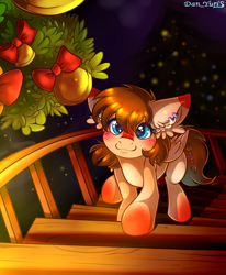 Size: 1700x2064 | Tagged: safe, artist:yuris, oc, oc only, oc:erin rorien, pegasus, pony, bell, blue eyes, blushing, brown mane, christmas, christmas lights, christmas tree, commission, cute, ear piercing, ears back, female, garland, holiday, house, indoors, looking at you, looking up, looking up at you, pegasus oc, piercing, room, smiling, solo, staircase, string lights, tree, wings, ych result