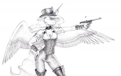 Size: 1700x1068 | Tagged: safe, artist:baron engel, princess celestia, alicorn, anthro, g4, big breasts, black and white, boots, bracer, breasts, busty princess celestia, choker, cleavage, clothes, cutie mark accessory, grayscale, gun, handgun, hat, horn, horn jewelry, jewelry, monochrome, pencil drawing, pistol, shoes, shooting, simple background, solo, spread wings, steampunk, story included, thigh boots, tight clothing, top hat, traditional art, unbuttoned, weapon, white background, wings