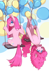 Size: 1909x2780 | Tagged: source needed, safe, artist:mediasmile666, pinkie pie, earth pony, semi-anthro, g4, arm hooves, balloon, duality, duo, duo female, female, floating, pinkamena diane pie, sitting, swing, swing set, then watch her balloons lift her up to the sky