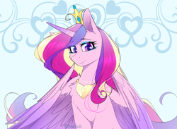 Size: 2032x1491 | Tagged: safe, artist:mediasmile666, princess cadance, alicorn, pony, g4, bust, colored wings, crown, female, hand, heart, heart eyes, jewelry, looking at you, mare, multicolored wings, portrait, regalia, smiling, smiling at you, solo, wingding eyes, wings