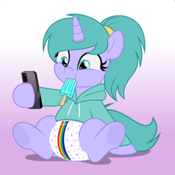 Size: 5000x5000 | Tagged: safe, artist:jhayarr23, oc, oc only, oc:lilly blossom, pony, unicorn, :t, cellphone, clothes, diaper, diaper fetish, eating, female, fetish, filly, foal, food, gradient background, hoodie, mare, non-baby in diaper, phone, ponytail, popsicle, rainbow striped diaper, rainbow wetness indicator, smartphone, solo, wetness indicator