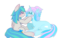 Size: 2560x1600 | Tagged: safe, artist:lancy, artist:waterduckglimmer, oc, oc only, oc:lancy, oc:snowrainbow, pony, unicorn, 2024 community collab, derpibooru community collaboration, blushing, chest fluff, duo, horn, simple background, transparent background