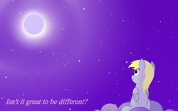 Size: 4500x2800 | Tagged: safe, artist:1mber_angul, derpy hooves, pegasus, pony, g4, cloud, female, moon, night, sitting, sky background, solo, stars, text