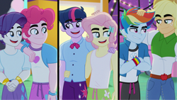 Size: 2384x1341 | Tagged: safe, artist:orin331, applejack, fluttershy, pinkie pie, rainbow dash, rarity, twilight sparkle, equestria girls, g4, perfect day for fun, applejack (male), bubble berry, butterscotch, crossed arms, dusk shine, elusive, equestria guys, fake screencap, hand on hip, hand on shoulder, humane five, humane six, looking at each other, looking at someone, male, rainbow blitz, rule 63, scene interpretation, smiling, smiling at each other