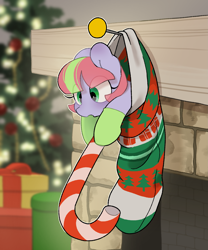 Size: 2243x2701 | Tagged: safe, artist:mochi_nation, oc, oc only, oc:cascade throw, earth pony, pony, candy, candy cane, christmas, christmas stocking, clothes, commission, cute, earth pony oc, female, food, gloves, high res, holiday, mare, ocbetes, present, smol, solo, tiny, tiny ponies, ych result