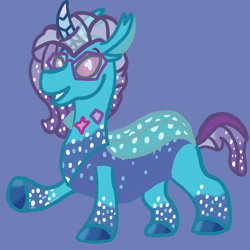 Size: 1000x1000 | Tagged: safe, artist:mintwhistle, comet (g5), changedling, changeling, g5, changedlingified, changelingified, coat markings, colored hooves, colored horn, cometling, glasses, glittery, gradient hooves, gradient mane, gradient tail, grin, horn, looking at you, male, medibang paint, missing accessory, multicolored hair, multicolored horn, multicolored tail, purple background, raised hoof, simple background, smiling, smiling at you, solo, sparkly, sparkly mane, sparkly tail, species swap, tail