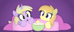 Size: 469x206 | Tagged: safe, artist:algoatall, dinky hooves, noi, earth pony, unicorn, :o, blanket, bowl, cute, eating, female, filly, foal, food, open mouth, pillow, popcorn, watching tv