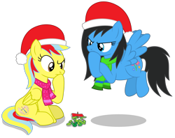 Size: 6321x5003 | Tagged: safe, artist:creedyboy124, oc, oc only, oc:michelle lightheart, oc:sarah lee, pegasus, pony, g4, christmas, clothes, female, hat, holiday, mare, mistletoe, santa hat, scarf, simple background, transparent background, vector