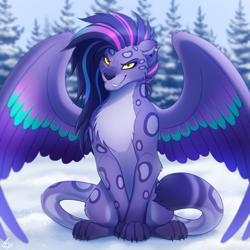 Size: 1024x1024 | Tagged: safe, artist:luminousdazzle, allura, aq bars, big cat, leopard, snow leopard, g5, my little pony: make your mark, my little pony: make your mark chapter 6, secrets of starlight, spoiler:g5, spoiler:my little pony: make your mark, spoiler:my little pony: make your mark chapter 6, spoiler:mymc06e04, blurry background, chest fluff, female, grin, multicolored hair, piercing, smiling, snow, solo, tree, wings, yellow eyes