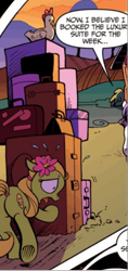 Size: 354x753 | Tagged: safe, artist:andy price, idw, official comic, sunflower smiles, earth pony, pony, g4, micro-series #3, my little pony micro-series, spoiler:comic, butt, heavy, luggage, plot, tired