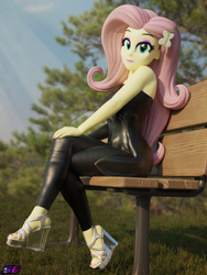 Size: 2160x2880 | Tagged: safe, artist:shadowboltsfm, fluttershy, equestria girls, g4, 3d, bench, blender, breasts, crossed legs, eyeshadow, feet, female, high heels, high res, makeup, not sfm, shoes, sitting, solo, wedge heel