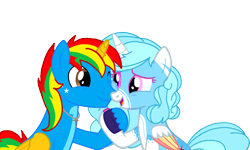 Size: 972x584 | Tagged: safe, artist:shieldwingarmorofgod, oc, oc only, oc:jemimasparkle, oc:shield wing, alicorn, pony, g4, colored wings, female, friends, multicolored hair, multicolored wings, simple background, smiling, transparent background, wings