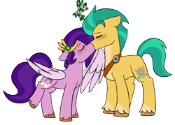 Size: 1658x1184 | Tagged: safe, artist:minty25, hitch trailblazer, pipp petals, earth pony, pegasus, pony, g5, adorapipp, badge, belt, blushing, christmas, commission, crown, cute, duo, eyes closed, female, hitchbetes, holiday, jewelry, kiss on the lips, kissing, male, mare, markings, mistletoe, raised leg, regalia, sheriff's badge, ship:pitch, shipping, simple background, size difference, stallion, straight, transparent background, unshorn fetlocks