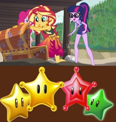 Size: 3688x3870 | Tagged: safe, artist:awesomegamedude10, screencap, pinkie pie, sci-twi, sunset shimmer, twilight sparkle, human, equestria girls, equestria girls series, g4, x marks the spot, chest, clothes, female, high res, one-piece swimsuit, sci-twi swimsuit, stars, super mario bros., swimsuit, treasure chest, x