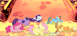 Size: 1331x630 | Tagged: safe, applejack, fluttershy, pinkie pie, rainbow dash, rarity, twilight sparkle, alicorn, earth pony, pegasus, pony, unicorn, fanfic:full friendship's magic, g4, mane six, scroll, sleeping, twilight sparkle (alicorn)