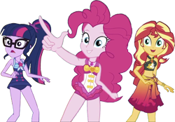 Size: 3627x2520 | Tagged: safe, edit, edited screencap, editor:homersimpson1983, screencap, pinkie pie, sci-twi, sunset shimmer, twilight sparkle, human, equestria girls, equestria girls series, g4, x marks the spot, background removed, belly, belly button, bikini, clothes, high res, midriff, not a vector, one-piece swimsuit, pinkie pie swimsuit, sarong, sci-twi swimsuit, simple background, smiling, swimsuit, transparent background
