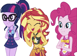 Size: 3448x2520 | Tagged: safe, edit, edited screencap, editor:homersimpson1983, screencap, pinkie pie, sci-twi, sunset shimmer, twilight sparkle, human, equestria girls, g4, my little pony equestria girls: better together, x marks the spot, background removed, belly, belly button, bikini, clothes, female, high res, midriff, not a vector, one-piece swimsuit, pinkie pie swimsuit, sarong, sci-twi swimsuit, simple background, swimsuit, transparent background
