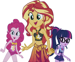Size: 3071x2520 | Tagged: safe, edit, edited screencap, editor:homersimpson1983, screencap, pinkie pie, sci-twi, sunset shimmer, twilight sparkle, human, equestria girls, equestria girls series, g4, x marks the spot, background removed, belly, belly button, bikini, clothes, female, high res, midriff, not a vector, one-piece swimsuit, pinkie pie swimsuit, sarong, sci-twi swimsuit, simple background, swimsuit, transparent background