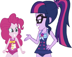 Size: 3215x2520 | Tagged: safe, edit, edited screencap, editor:homersimpson1983, screencap, pinkie pie, sci-twi, twilight sparkle, human, equestria girls, equestria girls series, g4, x marks the spot, background removed, bikini, clothes, female, high res, not a vector, one-piece swimsuit, pinkie pie swimsuit, sci-twi swimsuit, simple background, smiling, swimsuit, transparent background