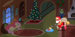 Size: 4320x2160 | Tagged: safe, anonymous artist, big macintosh, fluttershy, oc, oc:late riser, earth pony, pegasus, pony, series:fm holidays, series:hearth's warming advent calendar 2023, g4, advent calendar, baby, baby pony, christmas, christmas tree, clothes, colt, cookie, costume, fake beard, fake sleeping, female, fluttershy's cottage, foal, food, high res, holiday, lineless, male, mare, milk, night, offspring, one eye closed, pajamas, parent:big macintosh, parent:fluttershy, parents:fluttermac, plushie, pointy ponies, pony plushie, question mark, santa costume, ship:fluttermac, shipping, stallion, straight, tree