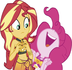 Size: 2583x2520 | Tagged: safe, edit, edited screencap, editor:homersimpson1983, screencap, pinkie pie, sunset shimmer, human, equestria girls, equestria girls series, g4, unsolved selfie mysteries, background removed, belly, belly button, bikini, clothes, female, high res, midriff, not a vector, one-piece swimsuit, pinkie pie swimsuit, sarong, simple background, swimsuit, transparent background
