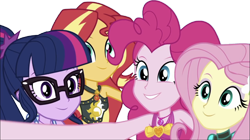 Size: 4303x2403 | Tagged: safe, edit, edited screencap, editor:homersimpson1983, screencap, fluttershy, pinkie pie, sci-twi, sunset shimmer, twilight sparkle, human, equestria girls, equestria girls series, g4, unsolved selfie mysteries, background removed, bikini, clothes, female, group, group photo, not a vector, one-piece swimsuit, pinkie pie swimsuit, quartet, simple background, swimsuit, transparent background
