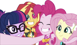 Size: 4298x2520 | Tagged: safe, edit, edited screencap, editor:homersimpson1983, screencap, fluttershy, pinkie pie, sci-twi, sunset shimmer, twilight sparkle, equestria girls, equestria girls series, g4, unsolved selfie mysteries, background removed, bikini, clothes, eyes closed, female, group, group photo, not a vector, one eye closed, one-piece swimsuit, pinkie pie swimsuit, quartet, simple background, smiling, swimsuit, transparent background, wink