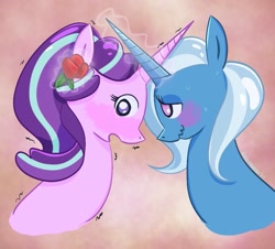 Size: 1179x1064 | Tagged: safe, artist:k0ggyfr0ggy, starlight glimmer, trixie, g4, blushing, bust, duo, female, flower, flower in hair, horn, horns are touching, lesbian, magic, nervous, rose, shaking, ship:startrix, shipping, telekinesis, wavy mouth