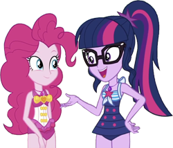 Size: 2940x2520 | Tagged: safe, edit, edited screencap, editor:homersimpson1983, screencap, pinkie pie, sci-twi, twilight sparkle, human, equestria girls, equestria girls series, g4, unsolved selfie mysteries, background removed, bikini, clothes, female, high res, not a vector, one-piece swimsuit, pinkie pie swimsuit, sci-twi swimsuit, simple background, swimsuit, transparent background
