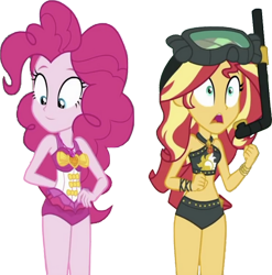 Size: 828x837 | Tagged: safe, edit, edited screencap, editor:homersimpson1983, screencap, pinkie pie, sunset shimmer, human, equestria girls, background removed, dive mask, goggles, not a vector, simple background, snorkel, transparent background