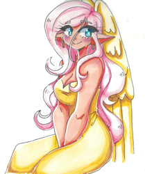 Size: 2070x2480 | Tagged: safe, artist:mylittleyuri, fluttershy, human, blushing, breasts, busty fluttershy, cleavage, clothes, colored pencil drawing, dress, ear piercing, earring, elf ears, eye clipping through hair, eyebrows, eyebrows visible through hair, female, high res, hooped earrings, humanized, jewelry, piercing, simple background, sitting, smiling, solo, traditional art, white background, winged humanization, wings