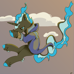 Size: 5000x5000 | Tagged: safe, artist:hrabiadeblacksky, oc, oc only, oc:hrabia de black sky, pony, unicorn, autumn, blue eyes, blue hooves, clothes, falling, jacket, leonine tail, sad, solo, tail