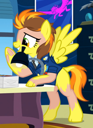 Size: 1080x1494 | Tagged: safe, artist:anonymous, spitfire, human, pegasus, pony, g4, /ptfg/, blank flank, brown hair, clothes, desk lamp, eye color change, female, frog (hoof), grin, human to pony, indoors, light skin, mare, mid-transformation, necktie, show accurate, smiling, spitfire's office, spitfire's tie, spread wings, suit, transformation, underhoof, uniform, wings, wonderbolts dress uniform