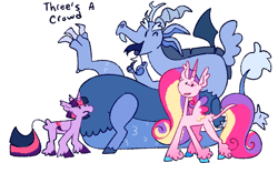 Size: 1280x800 | Tagged: safe, artist:goatpaste, discord, princess cadance, twilight sparkle, alicorn, draconequus, pony, g4, season 4, three's a crowd, :o, blue flu, colored hooves, colored wings, colored wingtips, female, frown, hoof fluff, leg fluff, leonine tail, looking at someone, looking up, male, mare, mismatched horns, mismatched wings, one eye closed, open mouth, open smile, simple background, sisters-in-law, smiling, snaggletooth, spread wings, tail, trio, twilight sparkle (alicorn), twilight sparkle is not amused, unamused, unshorn fetlocks, white background, wings, wink