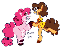 Size: 1280x980 | Tagged: safe, artist:goatpaste, cheese sandwich, pinkie pie, earth pony, pony, g4, pinkie pride, season 4, alternate design, bipedal, coat markings, colored hooves, dancing, duo, duo male and female, female, holding hooves, looking at each other, looking at someone, male, mare, open mouth, open smile, pale belly, simple background, smiling, socks (coat markings), stallion, tail, tail band, unshorn fetlocks, white background