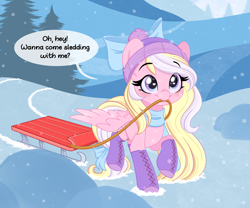 Size: 2403x1995 | Tagged: safe, artist:emberslament, oc, oc only, oc:bay breeze, pegasus, pony, beanie, blushing, boots, clothes, cute, eyebrows, eyebrows visible through hair, female, hat, heart, heart eyes, high res, looking at you, mare, mouth hold, ocbetes, outdoors, pegasus oc, scarf, shoes, sled, smiling, smiling at you, snow, snowfall, solo, talking to viewer, wingding eyes, wings, winter, winter hat, winter outfit