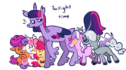 Size: 1280x711 | Tagged: safe, artist:goatpaste, apple bloom, diamond tiara, scootaloo, silver spoon, sweetie belle, twilight sparkle, alicorn, earth pony, pegasus, pony, unicorn, g4, season 4, twilight time, braid, braided tail, colored hooves, confused, cutie mark crusaders, fangirling, feathered fetlocks, female, filly, foal, frown, glasses, group, jewelry, looking at someone, mare, necklace, open mouth, open smile, question mark, raised hoof, sextet, simple background, sitting, smiling, starry eyes, tail, twilight sparkle (alicorn), unshorn fetlocks, wavy mouth, white background, wingding eyes, worried