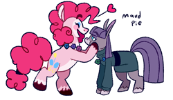 Size: 1280x741 | Tagged: safe, artist:goatpaste, maud pie, pinkie pie, earth pony, pony, g4, maud pie (episode), season 4, alternate design, bipedal, clothes, coat markings, colored hooves, cute, diapinkes, duo, duo female, eyes closed, female, happy, heart, jewelry, mare, mood contrast, necklace, pale belly, pie sisters, rock candy necklace, shirt, siblings, simple background, sisters, squishy cheeks, tail, tail band, unshorn fetlocks, white background