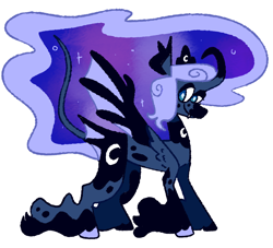 Size: 1654x1500 | Tagged: safe, artist:goatpaste, princess luna, alicorn, bat pony, bat pony alicorn, pony, g4, alternate design, bat wings, curved horn, horn, leonine tail, race swap, redesign, simple background, solo, tail, white background, wings