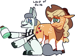 Size: 1280x965 | Tagged: safe, artist:goatpaste, applejack, silver shill, earth pony, pony, g4, leap of faith, season 4, alternate design, applejack's hat, bandana, bottle, clothes, coat markings, colored hooves, cowboy hat, duo, duo male and female, female, freckles, frown, grin, hat, looking at each other, looking at someone, male, mare, nervous, nervous smile, shirt, simple background, smiling, socks (coat markings), stallion, tonic, unshorn fetlocks, white background